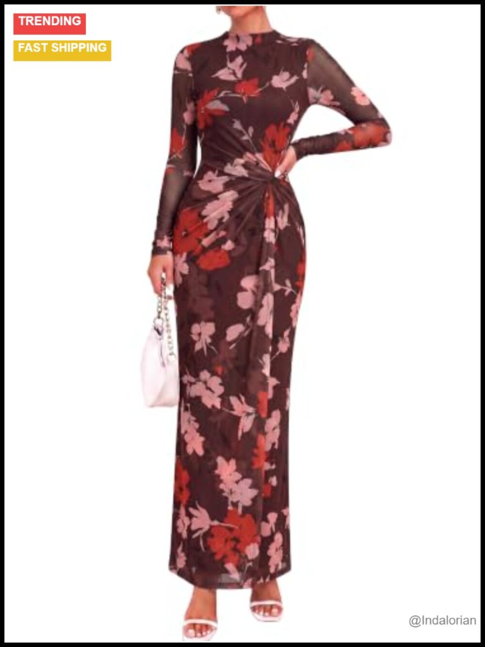 Sheer Mesh Maxi Dress Long Sleeve Mock Neck Twist Knot Formal